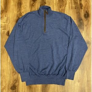 Orvis Sweater Mens Merino Wool Quarter Zip Pullover L Navy 1/4 Leather Pull